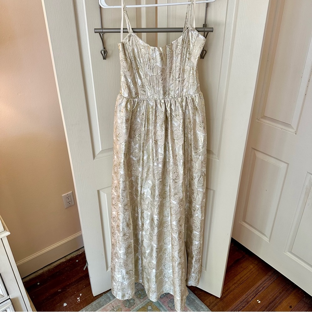 Old Money Windsor Gold and Cream Maxi Dress Prom Wedding Bridesmaid